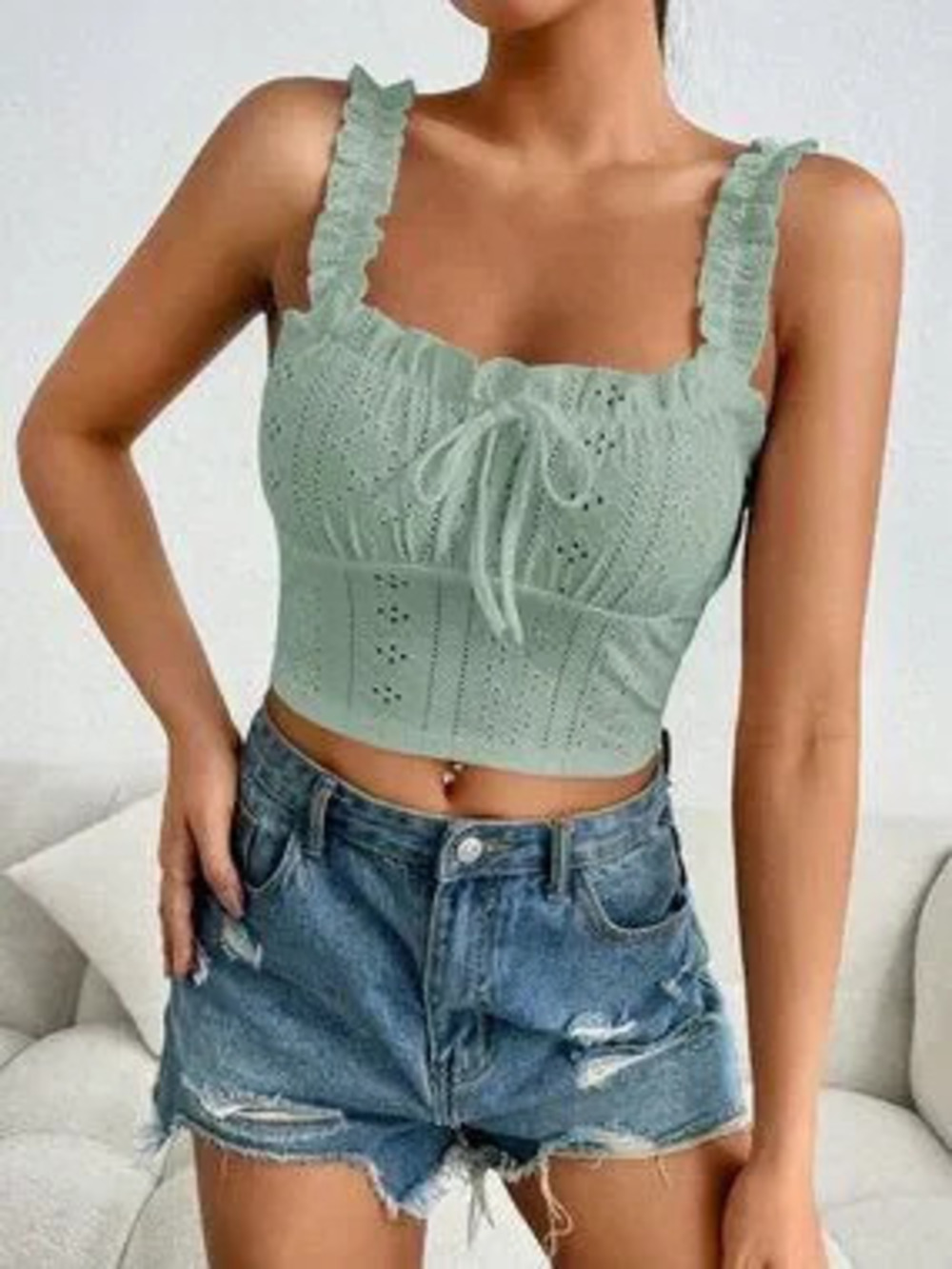 ZARA Mint Green Casual Women's Frill Trim Tie Front Schiffy Wide Straps Top